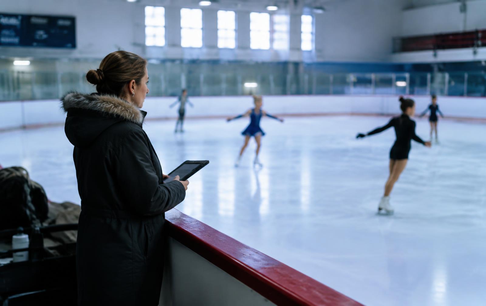 Coach with a tablet at the boards watching skaters
